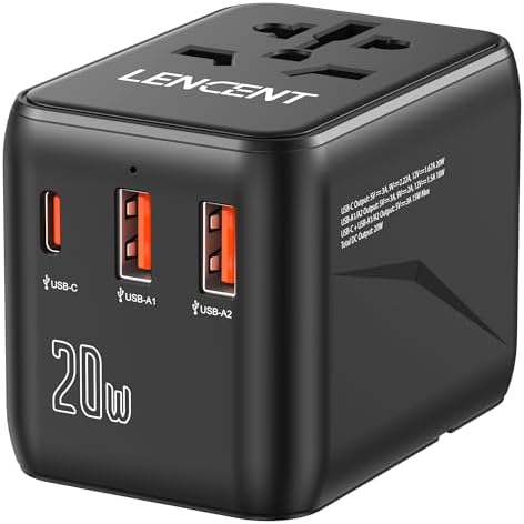 LENCENT 20 W Fast Charging Universal Travel Adapter – Compact International Power Converter with Dual USB and USB Type-C Ports – Ultimate Solution for Worldwide Device Charging in USA, UK, EU, and AUS (Black) – Reliable and Safe Charging for Global Explorers