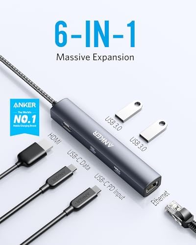 Anker 6-in-1 USB C Hub: Ultimate Connectivity Solution with 65 W Power Delivery, 4 K HDMI, and 1 Gbps Ethernet for Seamless Mac Book Air, i Pad Pro, and XPS Integration – Enhance Your Work and Play Experience!