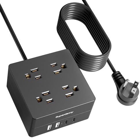 SUPERDANNY Portable USB Power Strip Surge Protector – Premium Desktop Extension Cord with 4 Spacious Outlets & 4 Advanced Smart USB Charging Ports for Home, Office, Hotel, Dorm, and RV Use – Elegant Faux Walnut Finish for Enhanced Aesthetics and Device Safety
