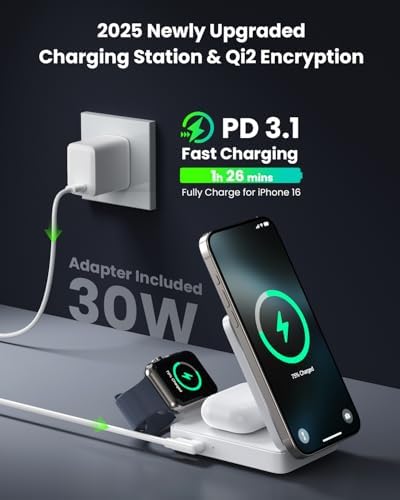 3-in-1 Qi2 Certified Wireless Charging Station – 15 W Fast Magnetic Charger for i Phone 16/15/14/13/12, Apple Watch, Air Pods – Foldable Design with 30 W USB-C Adapter for Ultimate Compatibility and Efficiency – Elevate Your Charging Experience with Enhanced Safety Features and Versatile Viewing Angles