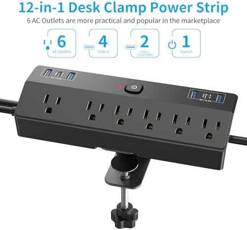 Maximize Your Workspace Efficiency with the JXGUCAT 40 W Fast Charging Desk Clamp Power Strip – 6 AC Outlets & 2 USB-C Ports, 10 ft Cord, Ideal for Home Office Surge Protection, Fits 1.8″ Tabletop Edges, Removable Mount for Effortless Setup