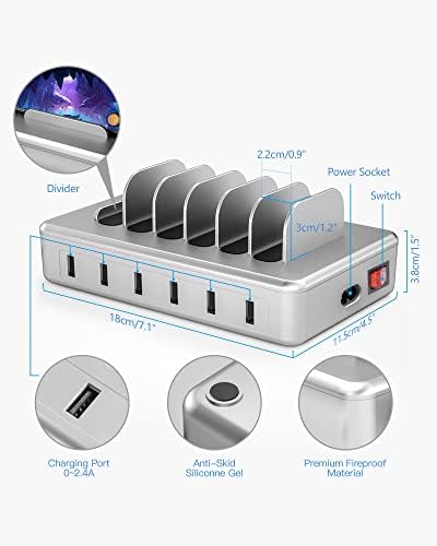 Revolutionize Your Charging Routine with the 6-Port Ultra-Fast Charging Station for i Phones, Android Devices, and Tablets – All-in-One Docking Solution Featuring Six Versatile Cables and UL Certification for Safety – Ideal for Home and Office Efficiency