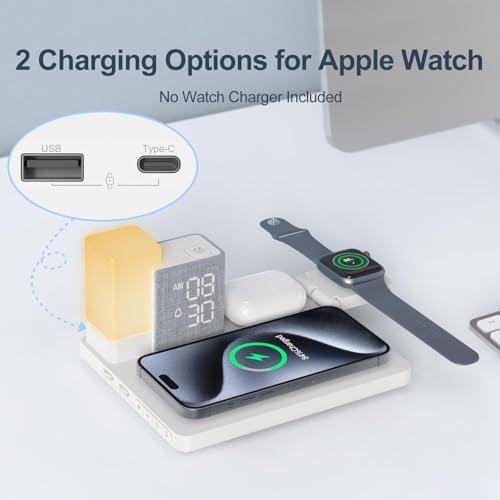 Transform Your Charging Routine with the REACHER 3-in-1 Wireless Charging Station: Mag Safe-Compatible Alarm Clock & 8-Color LED Night Light for i Phone 16/15/14/13/12 Series – Ideal Nightstand Organizer for Enhanced Efficiency and Style in Bedroom, Desk, and Dorm Settings – Fast, Multi-Device Charging Dock for Ultimate Convenience