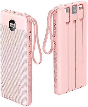 VRURC 10000 m Ah Portable Power Bank with Integrated Cables and LED Battery Indicator – Slim, Lightweight Travel Charger with Dual Input and Five Outputs for Effortless Device Charging – Ideal for Smartphones and Tech Gadgets – Stylish Blue Design (1 Pack) – Ultimate Convenience and Compatibility