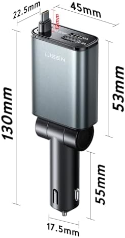 LISEN 57 W USB-C Retractable Car Charger – Ultra-Compact Fast Charging Solution for i Phone 16/15 Pro Max & Samsung Galaxy S25/24 – 75% Space-Saving Design with Enhanced Compatibility for All Android Devices – Tangle-Free Convenience for On-the-Go Power