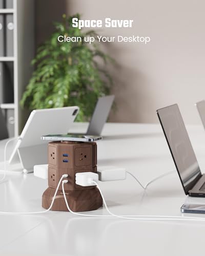 Revolutionize Your Charging Setup with SUPERDANNY Power Strip Tower – 15 W Wireless Charger, 6.5 Ft Retractable Cord, 1050 J Surge Protection, 8 Outlets & 4 USB Ports (2 USB-C) for Ultimate Home and Office Versatility