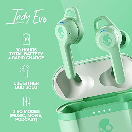 Skullcandy Indy Evo Mint Wireless Earbuds – 30-Hour Battery Life, Sweat-Resistant Design, Compatible with i Phone and Android, Exceptional Sound Quality with Built-In Microphone for Hands-Free Calls, Ultimate Comfort for Active Lifestyles, Bluetooth Connectivity for Quick Pairing and Seamless Streaming