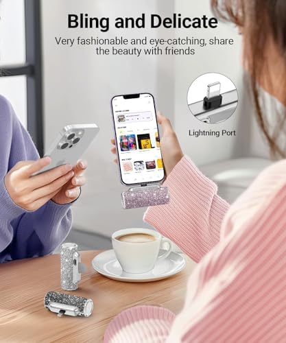 Sleek Shiny Pink Mini Power Bank with Built-in Lightning Connector – 4500 m Ah Compact Charger for i Phone 14/13/12/11/XR/8/SE Series – Stylish Glitter Battery Pack for Effortless On-the-Go Charging and Enhanced Compatibility
