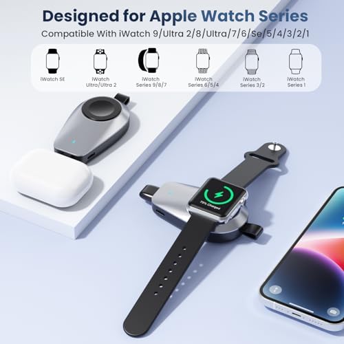 Ultra-Compact Magnetic Wireless Charger for Apple Watch & i Phone – 1600 m Ah Keychain Emergency Power Bank for Seamless Charging on the Go – Compatible with i Watch 9/8/Ultra/7/6/SE/5/4/3 & i Phone 5-14 Series (Sleek Black) – Ideal for Travelers and Professionals
