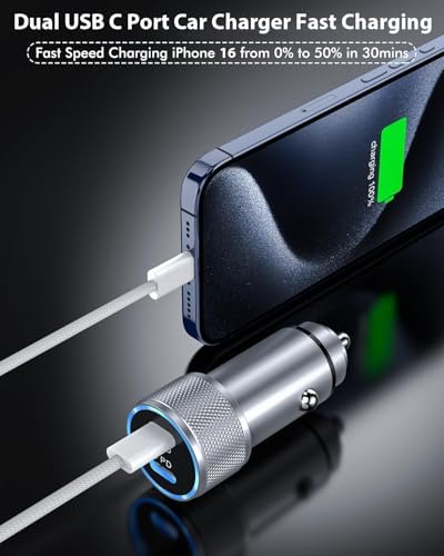 Fast Charge Dual USB-C Car Charger for i Phone 16/16 Pro Max/15 with Braided Nylon Cable – High-Speed PD3.0 Adapter for Convenient On-the-Go Charging – Durable, Compact Design for i Pad Compatibility – Tangle-Free Solution for Everyday Use – Essential Road Trip Companion