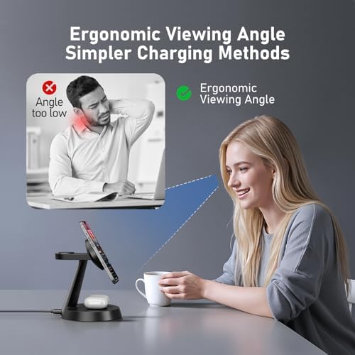 Sleek Pink 3-in-1 Wireless Charging Station for Apple Devices – 15 W Mag Safe Fast Charger Stand for i Phone 16/15/14/13/12, Air Pods & i Watch – Magnetic Alignment for Effortless Power-Up & Clutter-Free Workspace