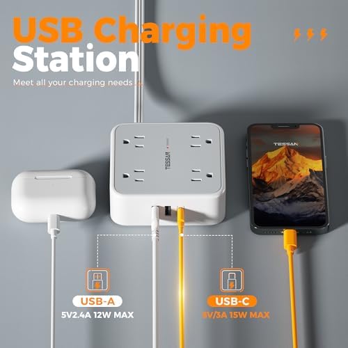 TESSAN 10 FT Flat Plug Surge Protector Power Strip with 8 Outlets and 3 USB Ports – Versatile Desk Charging Station with 900 Joules Protection for Home and Office – Enhanced Safety and Space Efficiency
