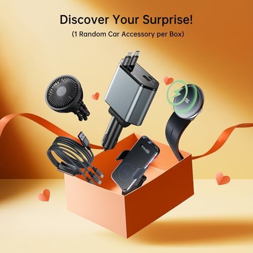 GUSGU 100 W Retractable Car Charger – Versatile 4-in-1 Fast Charging Solution with 2.6 ft Tangle-Free Cord, Lightning & USB-C Adapters – Universal Compatibility for All Devices in Sleek Silver Design – Stay Powered On-The-Go