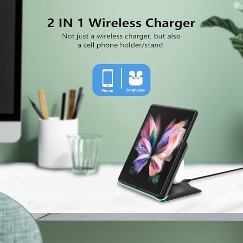 Premium 2-in-1 Fast Wireless Charging Station for Samsung Galaxy Z Fold 6/5/4/3 & Google Pixel 9 – Effortless Power-Up for Galaxy Buds, S Series, Note Series – Sleek Black Design with 3-Coil Technology for Optimal Efficiency and Compatibility