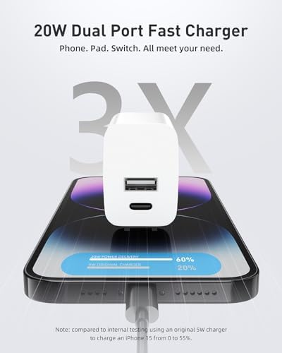 20 W Dual Port USB-C Wall Charger Block – Fast Charging Adapter with Foldable Plug for i Phone 15/15 Pro/14/14 Pro Max/13, Galaxy, i Pad, Google Pixel – Compact Travel Essential for Dual Device Power Delivery