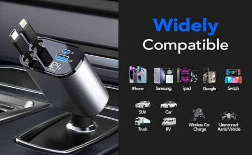 Advanced 4 in 1 Retractable Car Charger with Dual Cables for Fast Charging: Compatible with i Phone 11-15, i Pad, and Samsung Galaxy S22/S23 – Compact Design for Tangle-Free Convenience and Enhanced Device Compatibility