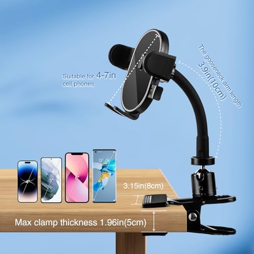 Versatile 360° Gooseneck Clip Phone Holder with Auto-Locking Clamp – Adjustable Arm Lengths for Desk, Treadmill, and Mic Stand – Securely Fits 4-7″ Smartphones for Ultimate Hands-Free Convenience and Enhanced Productivity