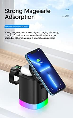 MQOUNY 3-in-1 Magnetic Wireless Charging Station for Apple Devices – Fast Mag-Safe Charger Stand for i Phone 14/13/12/11, Samsung, Apple Watch, and Air Pods with QC3.0 Adapter – Superior Compatibility and Stylish Design for Effortless Charging