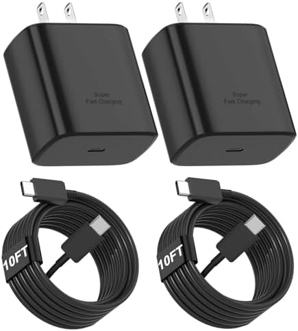 Ultra-Fast 45 W Type C Charger with 10 ft USB-C Cable – Dual Pack for Samsung Galaxy S25/S24/S23/Note 20 – Rapid Charging, Enhanced Safety, and Optimal Compatibility for Seamless Power Solutions