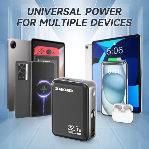 Ultra-Compact 10000 m Ah Power Bank with 22.5 W Fast Charge and Retractable 2.3 ft USB-C Cable | Triple Device Charging for i Phone 16/15, Samsung & Android | Lightweight Mini Charger with LED Battery Monitor | Essential for Professionals & Adventurers | Premium Gift-Ready Design