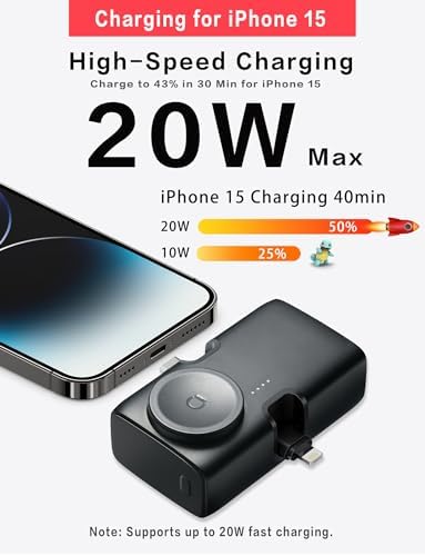 Ultra-Compact 5000 m Ah Portable Power Bank with 20 W PD Fast Charging – Wireless USB-C Charger for i Phone 15/14/13/12 & Apple Watch 9/8/7/6/SE – Ideal Travel Companion for On-the-Go Power Needs