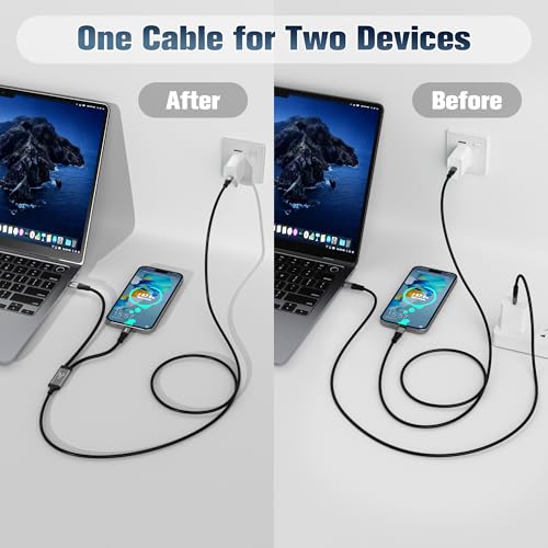 Dual USB-C 2-in-1 Charging Cable – 4 FT Fast Charge and Data Transfer Type C Splitter Adapter for i Phone 16/15, Mac Book Air/Pro, i Pad Air/Pro – 100 W Max Power Delivery, Enhanced Durability and Compatibility for Seamless Connectivity