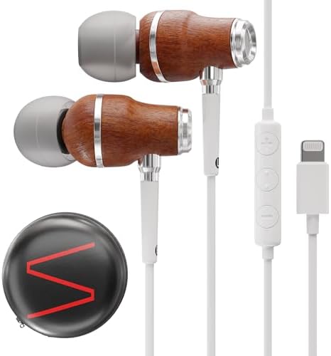 Experience Exceptional Sound: Symphonized Bubinga Wood i Phone Earbuds with Deep Bass and 90% Noise Cancellation, 3 D Audio Technology, Lightning Connector, and Built-in Microphone for Effortless Control – Perfect Compatibility from i Phone SE to 14