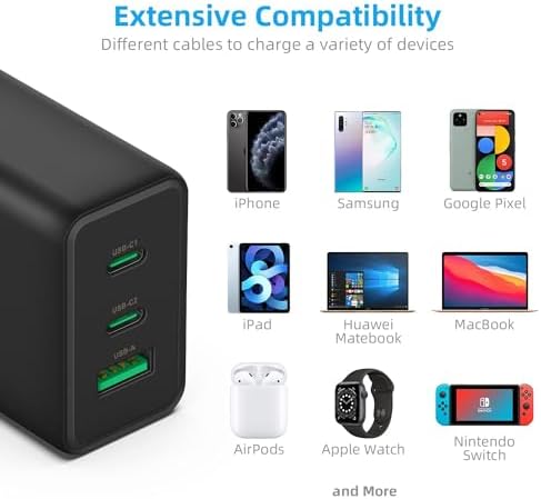 ROLADA 65 W Ga N USB-C Multi-Port Charger – Fast Charging Solution for Mac Book Pro/Air, i Phone 15 Pro Max, Galaxy S24/S23, and More – Compact and Efficient Wall Charger with 3 Ports for Ultimate Device Compatibility
