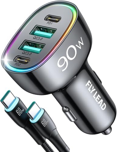 90 W 4-Port USB C Car Charger for i Phone 16/15/14/13/12 Pro Max – Fast Family Travel Charging Solution – Sleek Pink Cigarette Lighter Adapter for Multiple Devices – Ultimate On-the-Go Power for Road Trips and Adventures