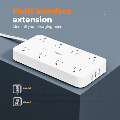 TESSAN 8-Outlet Surge Protector Power Strip with 3 USB Ports (1 USB-C) – 1080 Joules of Safety, Wall-Mountable Extension Cord for Home, Office, and Dorm – Ultimate Charging Hub for Multiple Devices and Enhanced Protection