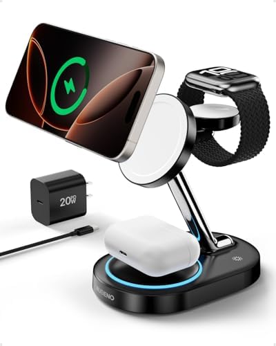 Effortless 3-in-1 Fast Charging Station for i Phone 16/16 Pro/16 Pro Max – Magnetic Wireless Charger Stand for i Phone, Apple Watch & Air Pods – Sleek, Compact Design with Mag Safe Technology for Optimal Efficiency and Safety – Perfect for Home, Office, and Travel