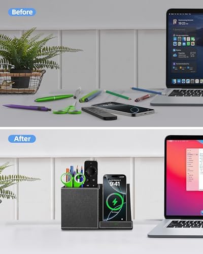 Multi-Functional Desk Organizer with Wireless Charging, Digital Thermometer & Humidity Monitor – Stylish Brown Pen Holder for Home Office Efficiency and Clutter-Free Workspace