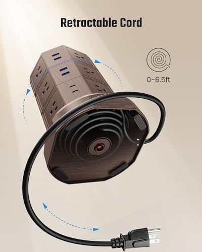 Elevate Your Charging Solutions with the SUPERDANNY Power Strip Tower – 15 W Wireless Charger and 1050 J Surge Protector with 12 AC Outlets, 6 USB Ports (Including 2 USB-C) and 6.5 ft Extension Cord – Ideal for Home Office Organization and Efficient Device Management with Elegant Wood Grain Finish
