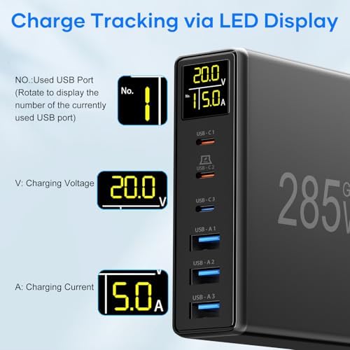 YSYFAD 285 W Ga N Fast Charging Hub – 6-Port USB C & USB A Multiport Charger with Digital LCD Display – Smart Power Station for Mac Book, i Pad, i Phone & Samsung – Ultimate Speed & Efficiency in Sleek Black Design