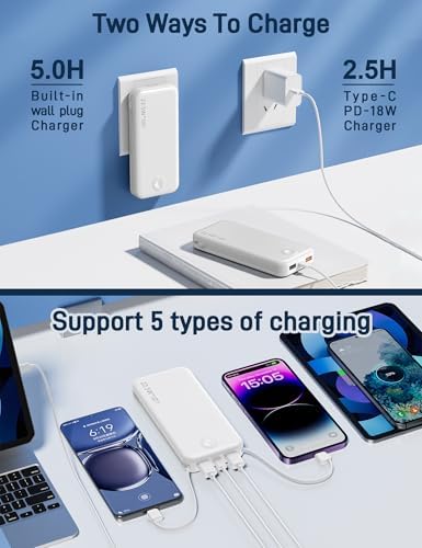 Ultra-Fast Charging Portable Power Bank with Built-In Cable and AC Plug – 12,000 m Ah USB C Travel Charger for i Phone and Android Devices – Lightweight, Compact Design for On-the-Go Power Solutions