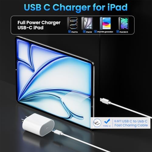 20 W USB-C Fast Charger for i Pad Pro, Air & Mini – Ultimate PD Wall Charger with 6.6 ft USB-C to C Cable for Rapid Charging Across All Generations, Compact Design for On-the-Go Power Solutions, Enhanced Safety Features to Prevent Overheating