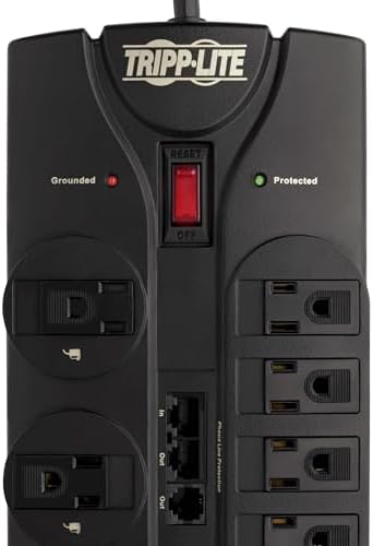 Tripp Lite 12-Outlet Surge Protector Power Strip with 8 ft Cord and Right-Angle Plug – Advanced Protection for Modems, Telephones, Coaxial & Ethernet Devices – $250,000 Equipment Insurance Included – Optimize Your Workspace with Reliable Surge Defense and Enhanced Connectivity Solutions