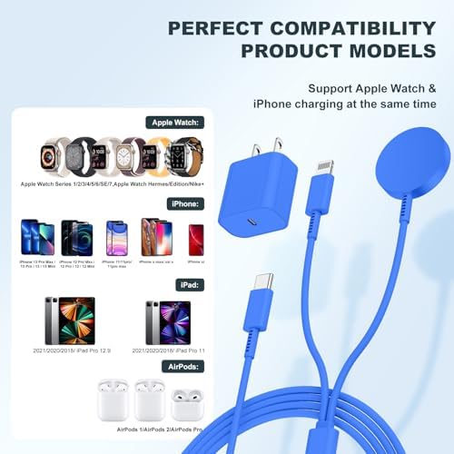 Revolutionary 2-in-1 USB C Charger for i Phone and Apple Watch – 6 ft Magnetic Fast Charge Cable with 20 W Power Adapter – Stylish Blue Design for Optimal Portability and Efficiency