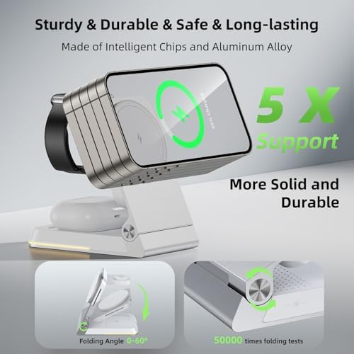 Premium Aluminum 3-in-1 Foldable Wireless Charger Station – Fast Magnetic Charging Dock for i Phone 16/15/14/13/12, Apple Watch & Air Pods with Touch Night Light – Portable Travel Charger with 20 W PD Adapter & Waterproof Case – Ideal Gift for Home, Office & On-the-Go Use
