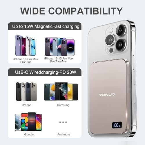 Ultra-Slim Magnetic Wireless Power Bank 5000 m Ah – 15 W Fast Charger for i Phone 16/15/14/13/12 Series – Sleek Metallic Design with USB-C Charging Cable – Enhanced Safety Features for Reliable On-the-Go Power