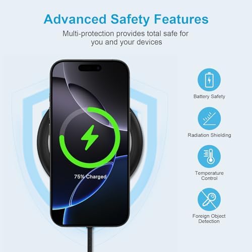 15 W Fast Wireless Charging Pad with QC 3.0 Adapter – Ultimate Charging Solution for Galaxy S25 Ultra, i Phone 16 Pro Max, Pixel 9, and More – Seamless Through-Case Functionality, Enhanced Safety Features, and Non-Slip Design for All Wireless-Enabled Devices – Includes 3.3 ft USB-C Cable for Effortless Connectivity – Perfect for Home and Office Use
