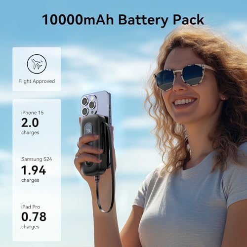 Ultra-Portable 10,000 m Ah Power Bank with Retractable Cable & USB-C to Lightning Compatibility – 30 W Fast Charging Battery Pack for i Phone 16/15/14/13 & Samsung Devices – LED Display for Easy Monitoring – Essential Travel Charger for On-the-Go Power Solutions