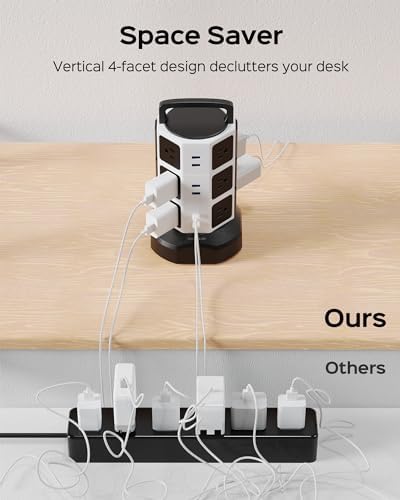 JACKYLED Power Strip Tower Surge Protector with 12 Outlets and 6 USB Ports (2 USB-C) – High-Speed Charging Station with 1050 Joules Protection, 1625 Watts, 6.5 ft Extension Cord for Enhanced Home Office Efficiency and Device Safety