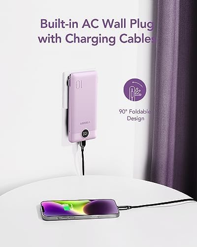 VEGER Ultra-Slim 10,000 m Ah Portable Charger with Built-in Cables and Integrated Wall Plug – Fast Charging Power Bank for i Phone, i Pad, Samsung, and More – Essential Travel Battery Pack for On-the-Go Charging and Enhanced Device Compatibility