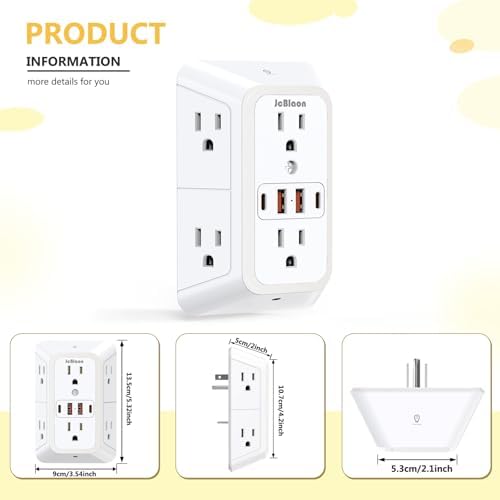 Enhanced 6-Outlet Wall Outlet Extender with Night Light & 4 USB Charging Ports – 1050 J Surge Protector for Home, Office, and Travel – Versatile Power Plug Adapter for Multiple Devices with Space-Saving Design