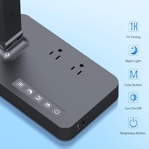 Versatile Power Strip Lamp with USB Charging: 2 AC Outlets, 1 USB-A & 1 Type-C Port, Adjustable Brightness Desk Lamp for Home Office & Dorm Room, 5 ft Extension Cord with Surge Protection for Ultimate Device Safety