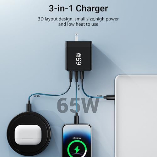 65 W USB C Wall Charger – Compact 3-Port Fast Charging Station for Mac Book Pro, i Pad Pro, Galaxy S23 & i Phone 15 – Foldable Travel Design with Universal Compatibility & Enhanced Safety Features for Optimal Device Performance
