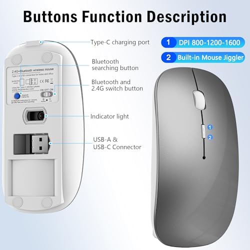 Versatile Wireless Bluetooth Mouse for Mac Book Air, Mac Pro, & i Pad – Sleek Rechargeable Silent Mouse with Dual Connectivity (USB-C & 2.4 G) – Travel-Friendly Jiggler Mice Mover in Stylish Purple – Perfect for Professionals & On-the-Go Users