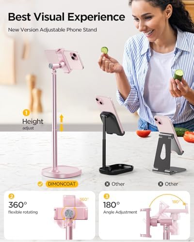 DIMONCOAT Adjustable Aluminum Alloy Cell Phone Stand – White, Universal Compatibility with 4-7 inch Devices, 180° Flip & 360° Rotation – Enhanced Compatibility and Speed