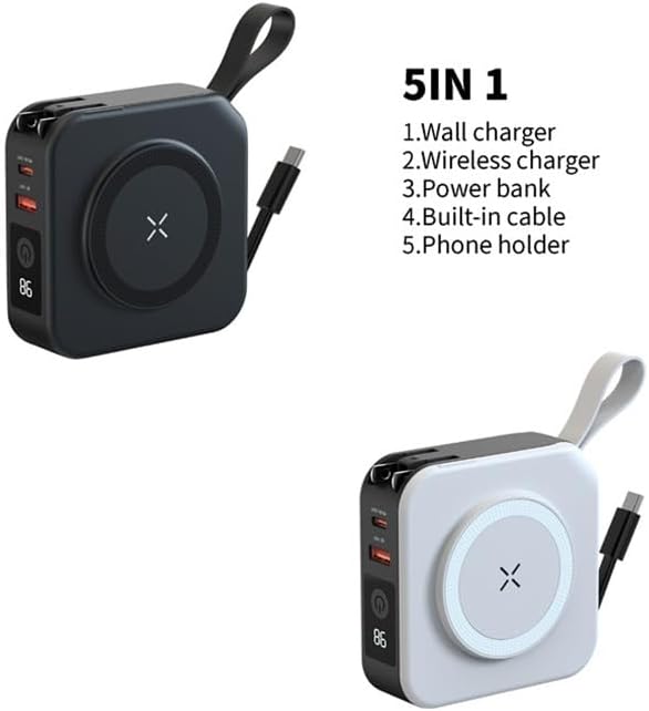 Ultimate Travel Charger and Power Bank – Wireless Charging with 3 Global Adaptors, Built-In Cables, and Integrated Phone Holder for Seamless On-the-Go Power Solutions (White) – Ideal for Frequent Travelers and Busy Professionals